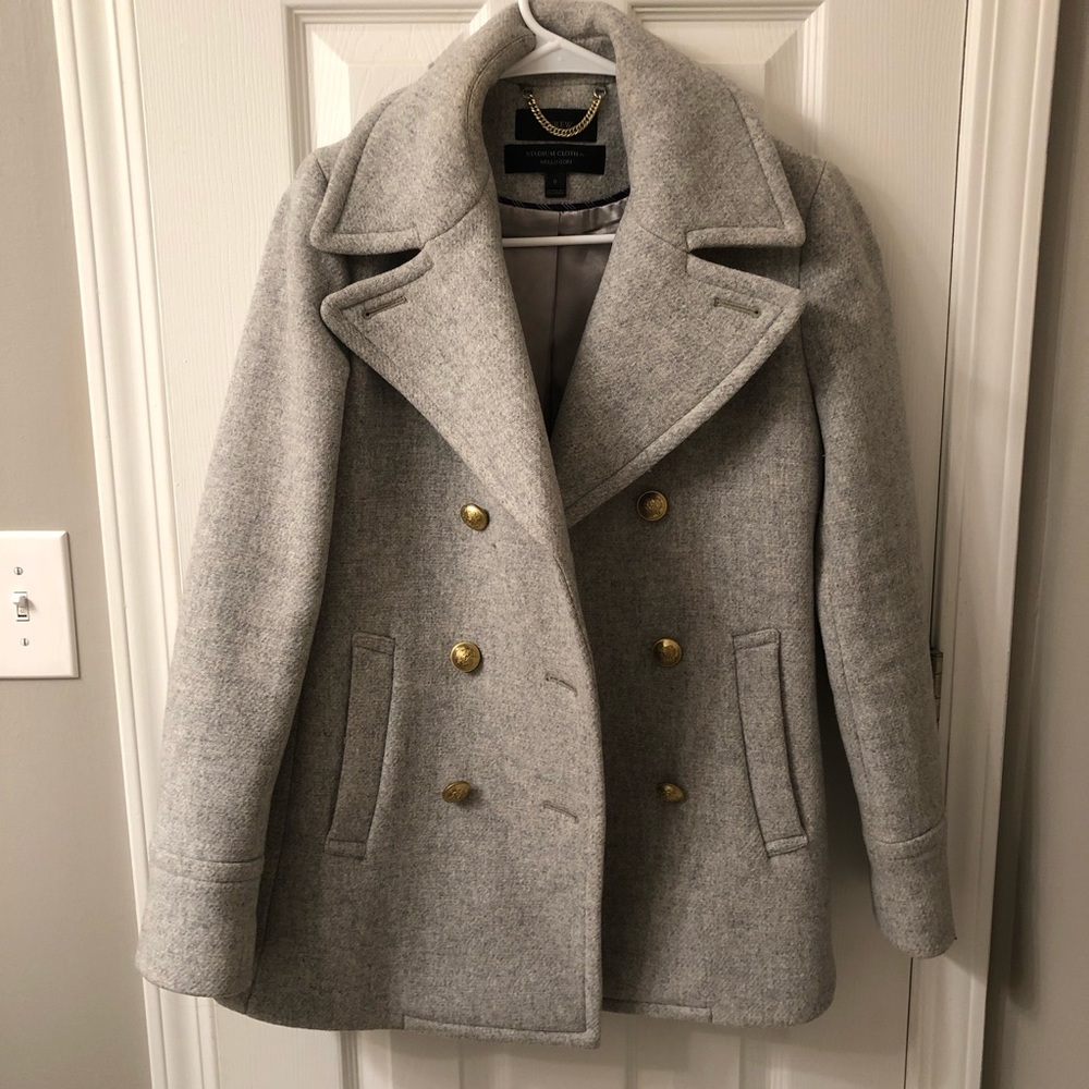 J. Crew Gray Double-Breasted Wool Peacoat with Gold Buttons
